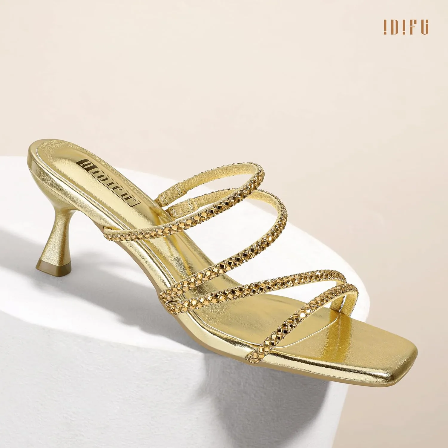 IDIFU IN2 Rhinestone Heels Strappy Low Kitten Square Open Toe Mule Heels Wedding Bridal Prom Party Dress Shoes for Women Comfortable Dressy Formal Sparkly Slip On Heeled Sandals