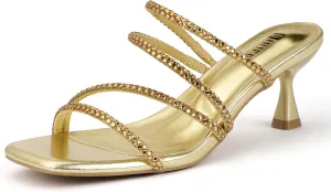 IDIFU IN2 Rhinestone Heels Strappy Low Kitten Square Open Toe Mule Heels Wedding Bridal Prom Party Dress Shoes for Women Comfortable Dressy Formal Sparkly Slip On Heeled Sandals