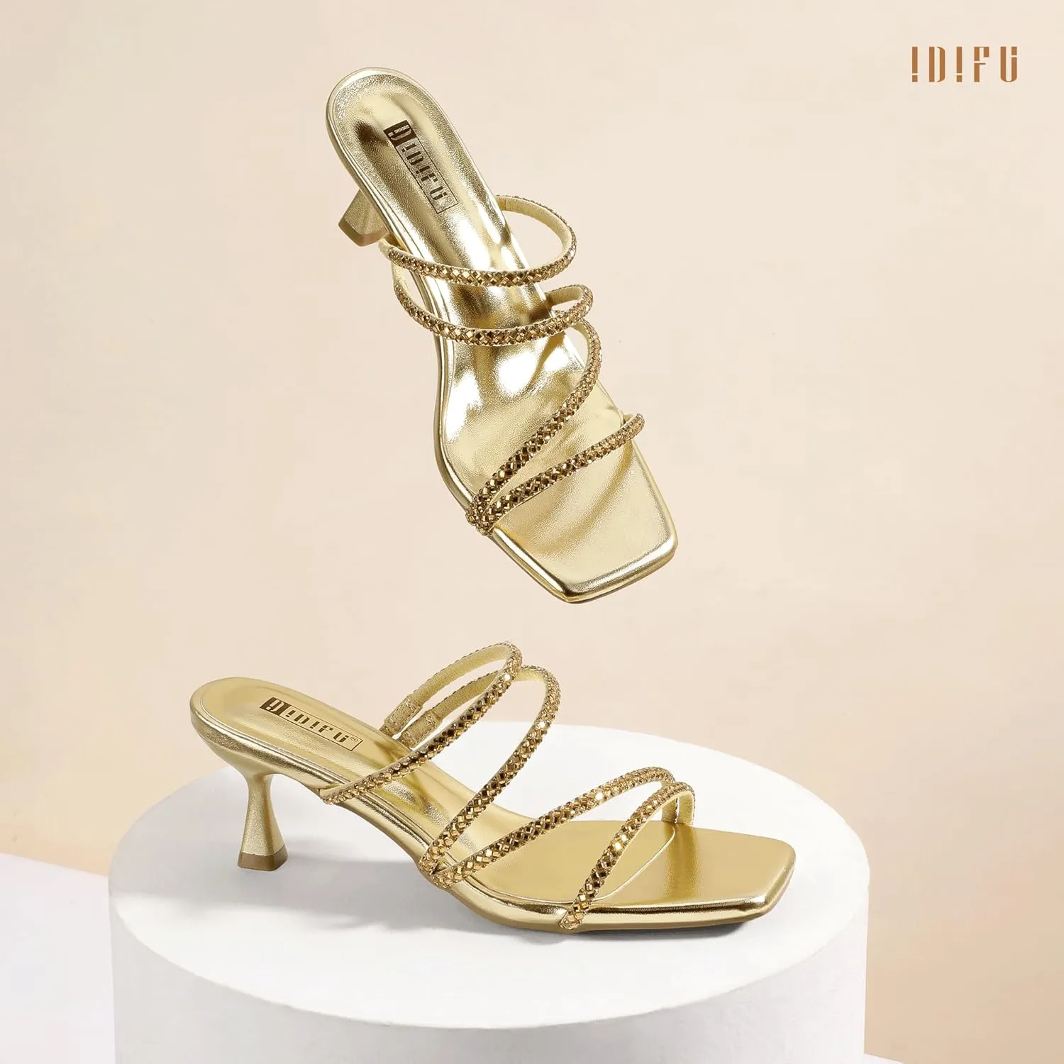 IDIFU IN2 Rhinestone Heels Strappy Low Kitten Square Open Toe Mule Heels Wedding Bridal Prom Party Dress Shoes for Women Comfortable Dressy Formal Sparkly Slip On Heeled Sandals