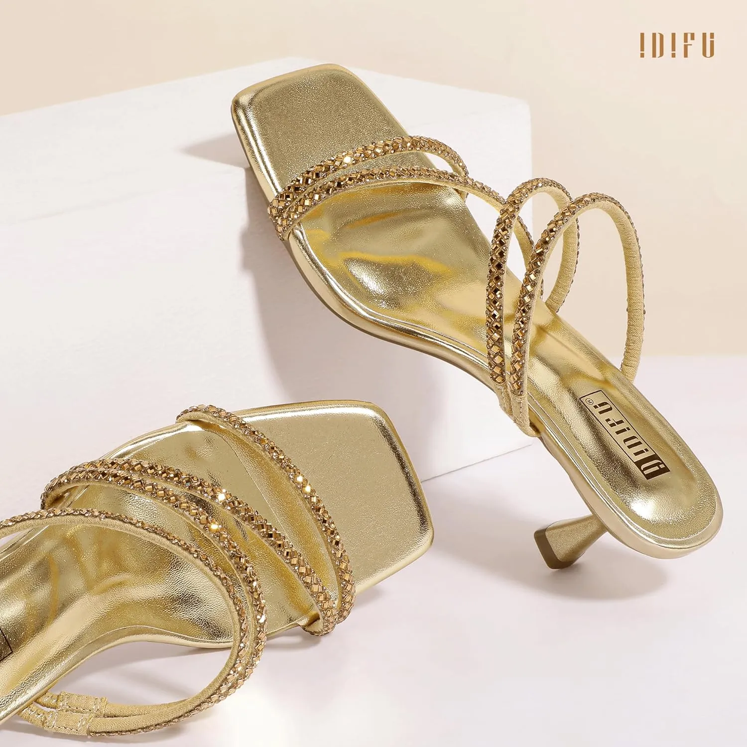 IDIFU IN2 Rhinestone Heels Strappy Low Kitten Square Open Toe Mule Heels Wedding Bridal Prom Party Dress Shoes for Women Comfortable Dressy Formal Sparkly Slip On Heeled Sandals