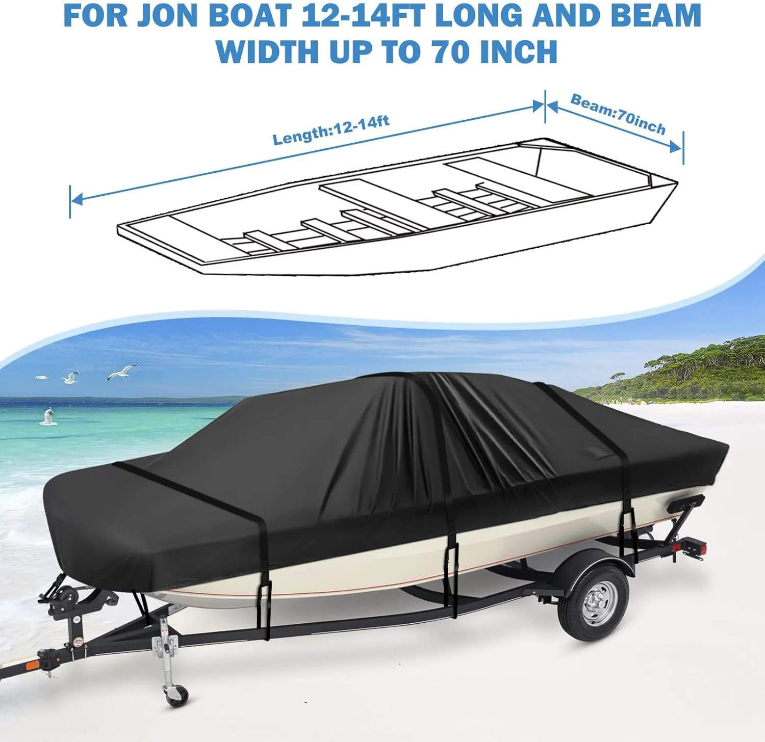 Jon Boat Cover 12-14 ft,900D PU Waterproof Heavy Duty Jon Boat Waterproof Trailerable Jon Boat Covers with Windproof Straps, Jon Boat Beam Width up to 70 inch, Black