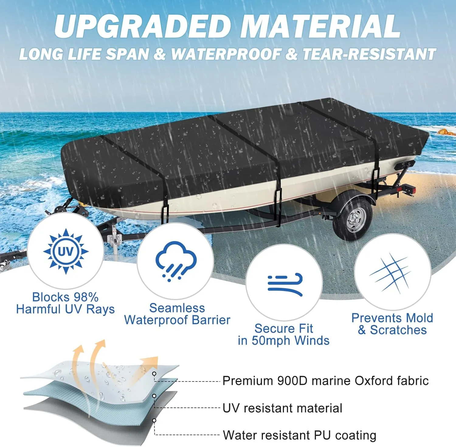 Jon Boat Cover 12-14 ft,900D PU Waterproof Heavy Duty Jon Boat Waterproof Trailerable Jon Boat Covers with Windproof Straps, Jon Boat Beam Width up to 70 inch, Black