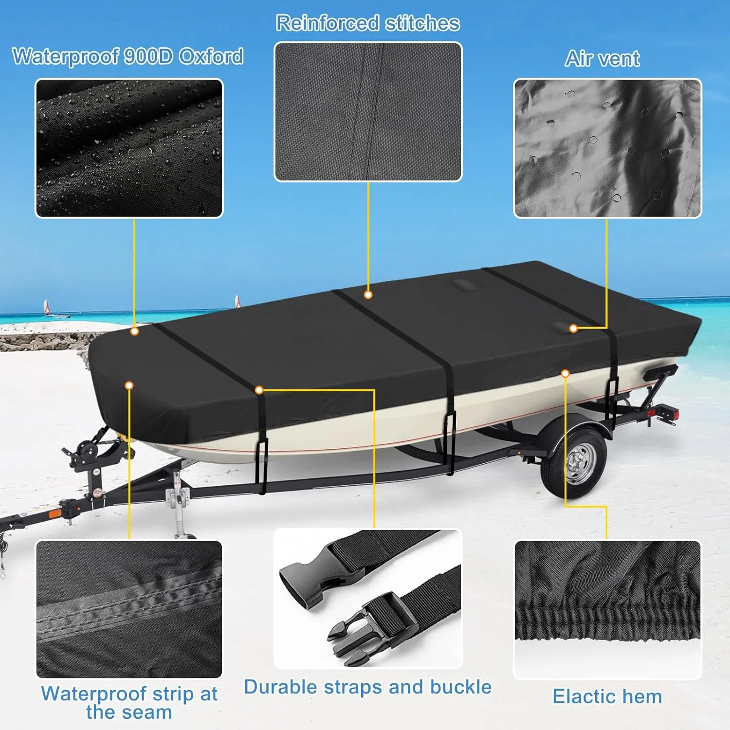 Jon Boat Cover 12-14 ft,900D PU Waterproof Heavy Duty Jon Boat Waterproof Trailerable Jon Boat Covers with Windproof Straps, Jon Boat Beam Width up to 70 inch, Black