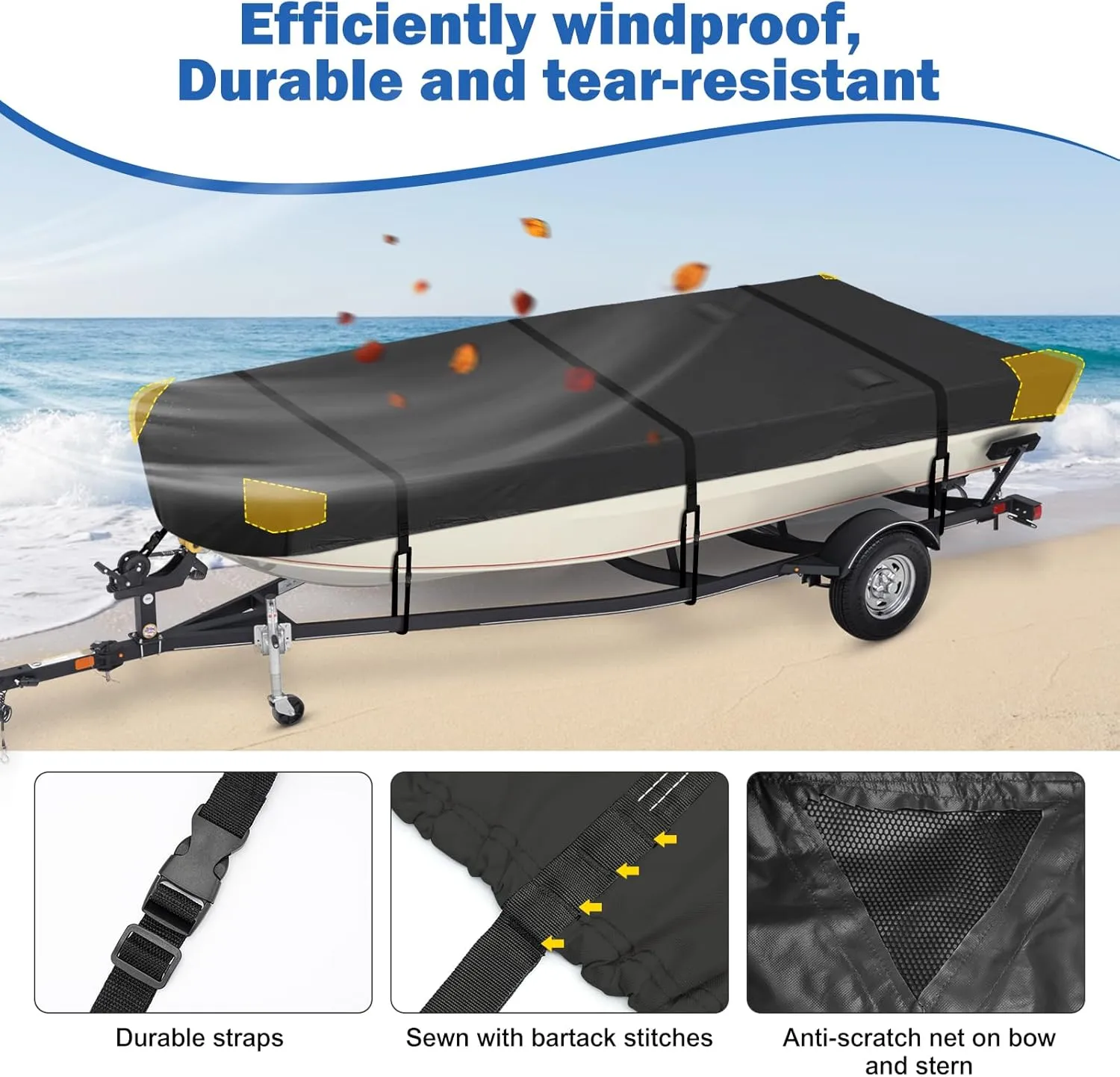 Jon Boat Cover 12-14 ft,900D PU Waterproof Heavy Duty Jon Boat Waterproof Trailerable Jon Boat Covers with Windproof Straps, Jon Boat Beam Width up to 70 inch, Black