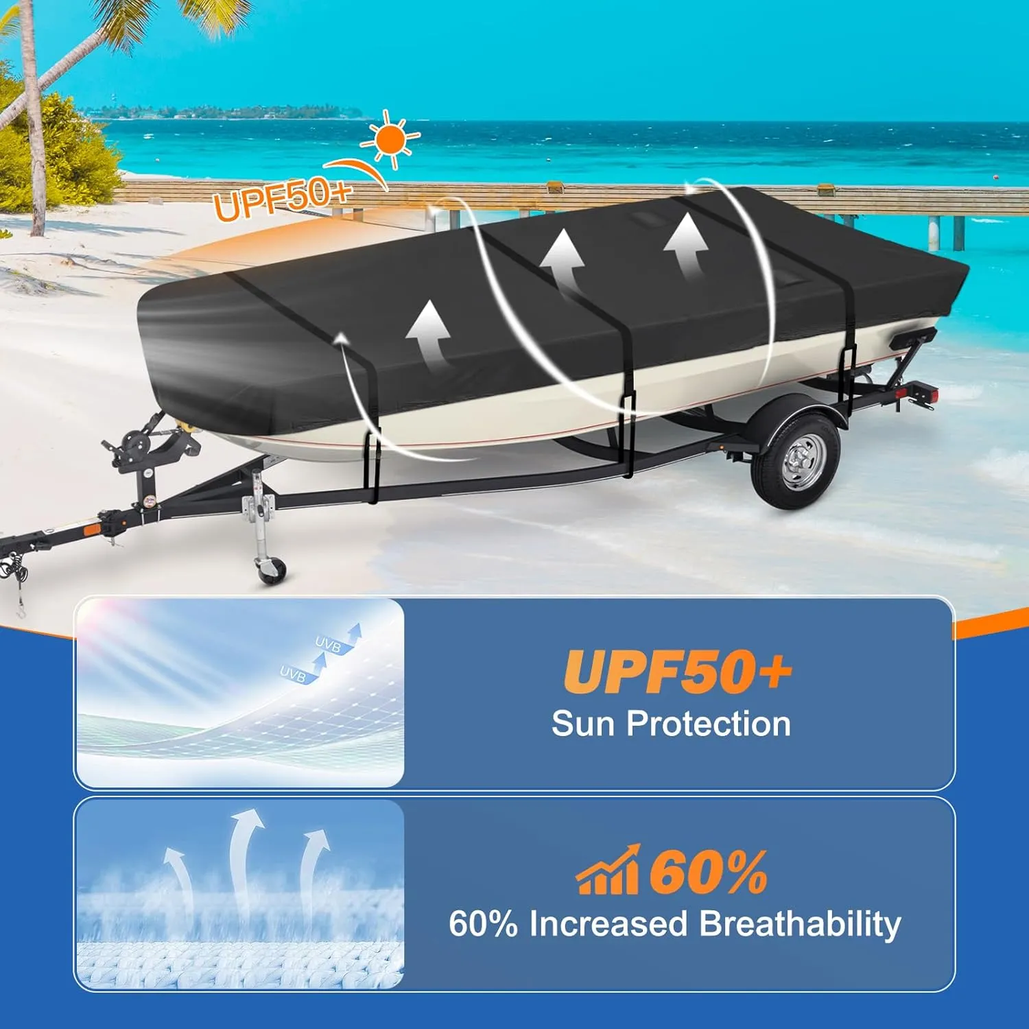 Jon Boat Cover 12-14 ft,900D PU Waterproof Heavy Duty Jon Boat Waterproof Trailerable Jon Boat Covers with Windproof Straps, Jon Boat Beam Width up to 70 inch, Black