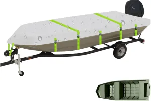 Jon Boat Cover Fit G3 1436 1436W 1442 1448, Trailerable 900D Heavy Duty with PU Coating 100% Waterproof & UV-Resistant, All-Weather Protection [Motor Cover Included]