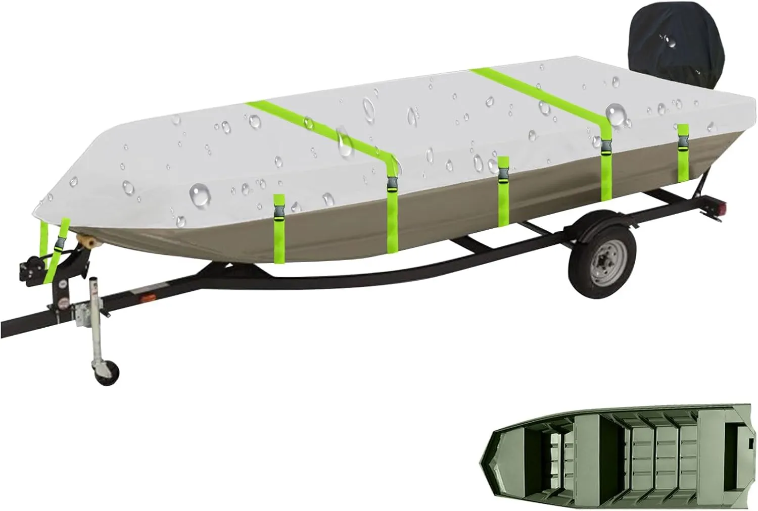 Jon Boat Cover Fit G3 1436 1436W 1442 1448, Trailerable 900D Heavy Duty with PU Coating 100% Waterproof & UV-Resistant, All-Weather Protection [Motor Cover Included]