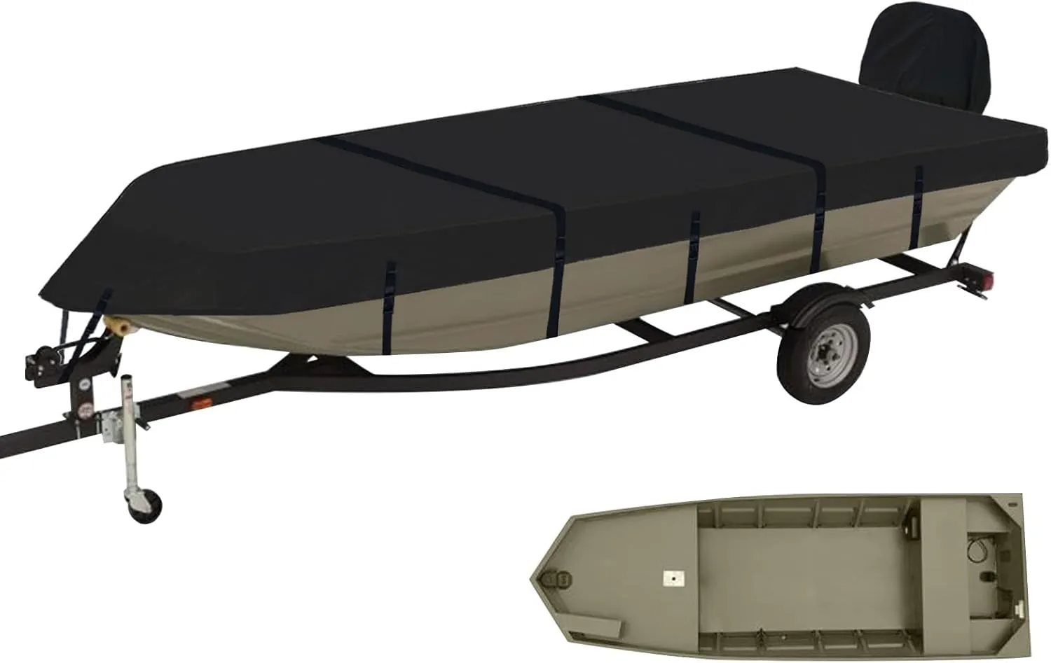 Jon Boat Cover Fit Tracker Grizzly 1648 & SeaArk 1652MV, 16ft Trailerable 900D Heavy Duty with PU Coating 100% Waterproof & UV-Resistant, [Motor Cover Included]