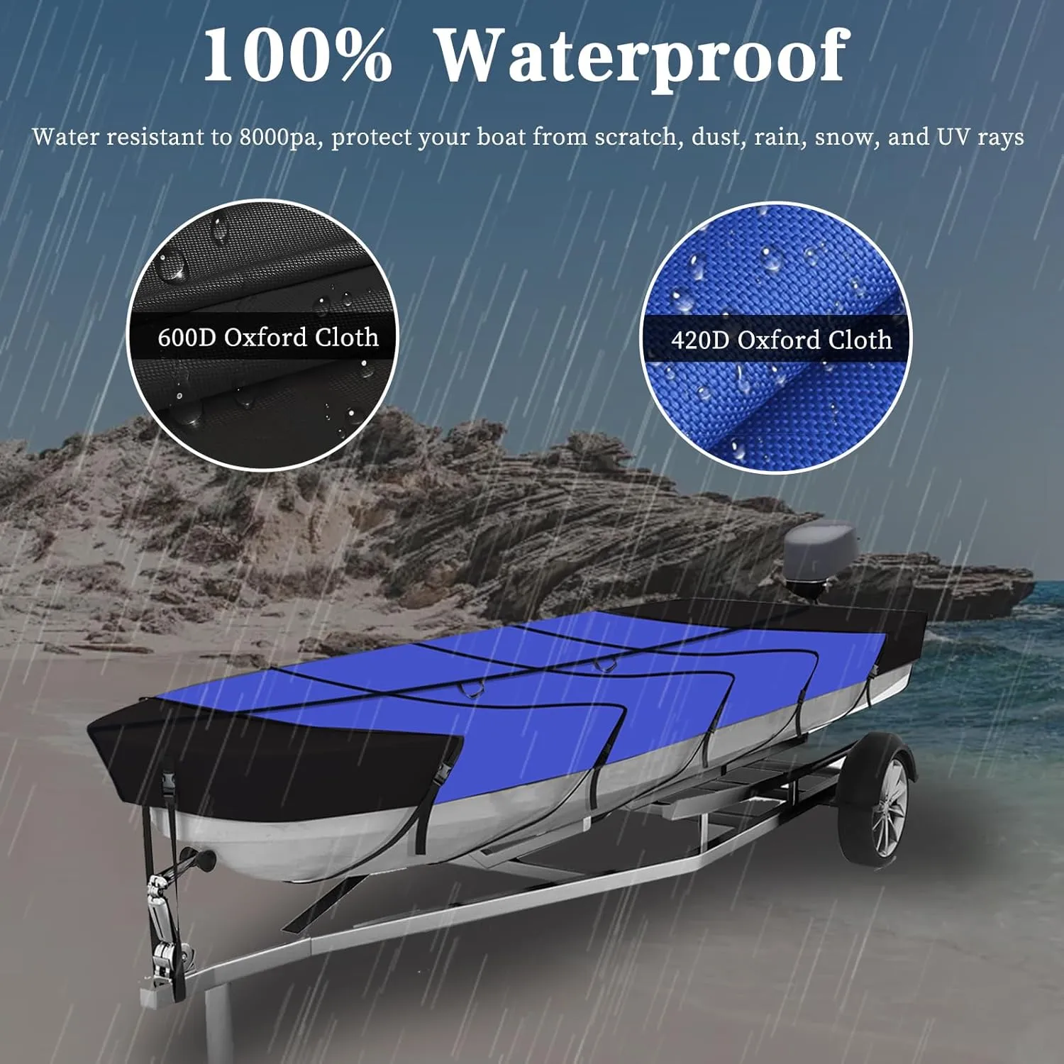 Jon Boat Covers 14-16ft Heavy Duty Waterproof 420D Marine Grade UV Resistant, Fits 14ft Long and Beam Width up to 75 inches, Blue(14-16FT)