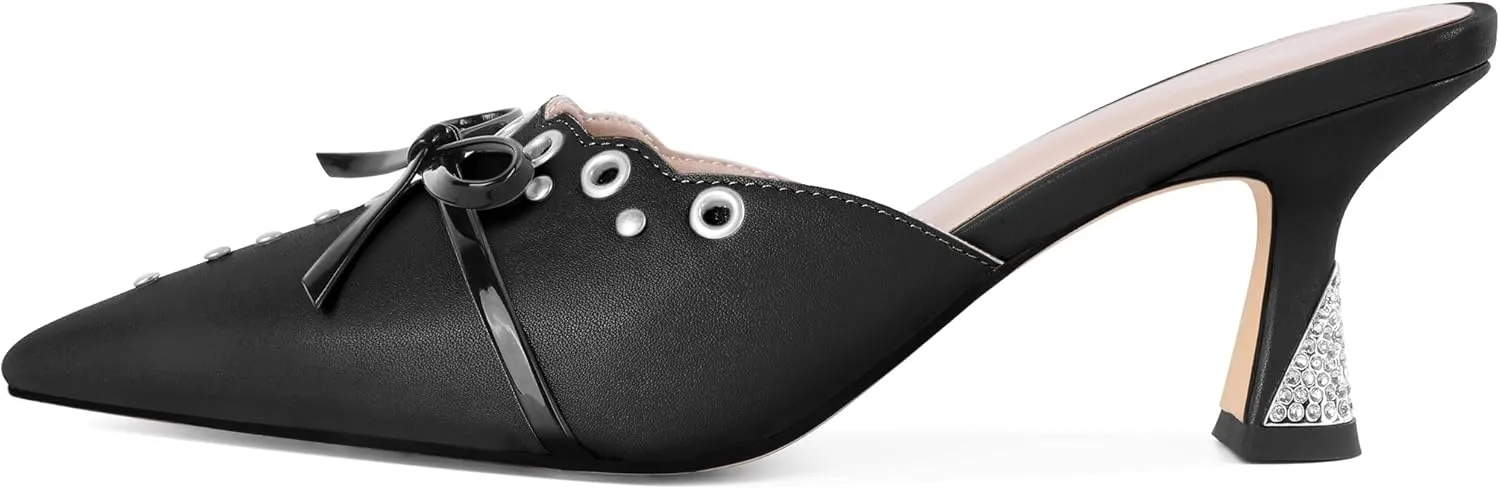 Joseywade Mule Heels For Women Bow Tie Kitten Heels Rhinestone Pointed Toe Studded Slip on Shoes US Size 5-13