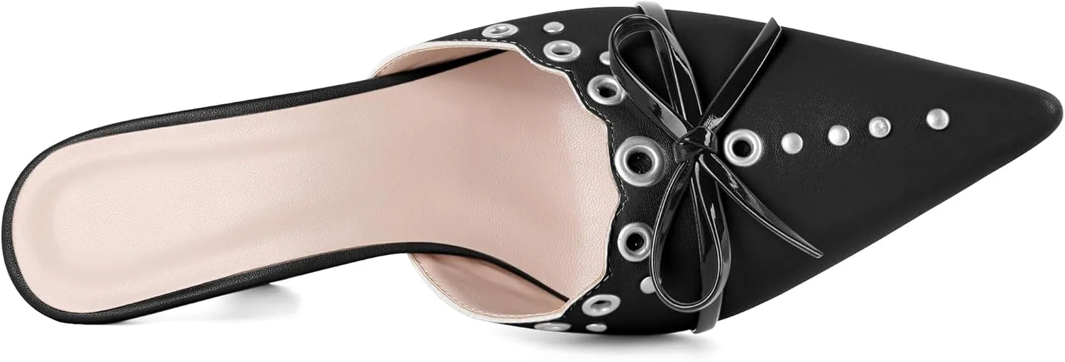 Joseywade Mule Heels For Women Bow Tie Kitten Heels Rhinestone Pointed Toe Studded Slip on Shoes US Size 5-13