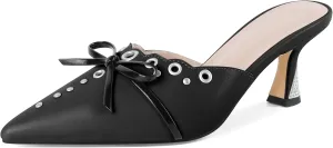 Joseywade Mule Heels For Women Bow Tie Kitten Heels Rhinestone Pointed Toe Studded Slip on Shoes US Size 5-13