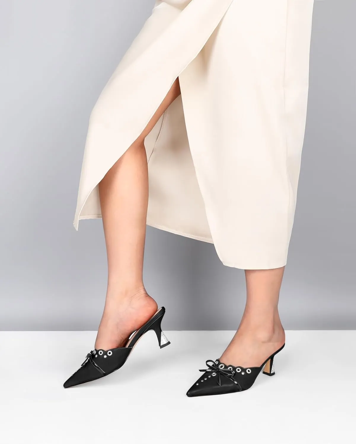 Joseywade Mule Heels For Women Bow Tie Kitten Heels Rhinestone Pointed Toe Studded Slip on Shoes US Size 5-13