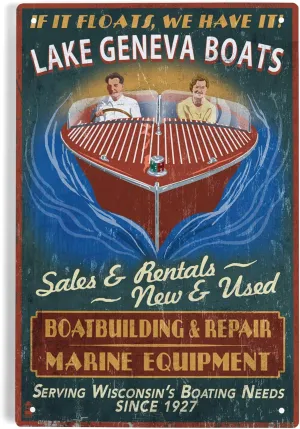 Lantern Press 6x9 Inch Metal Sign, Lake Geneva, Wisconsin, Boat Shop Vintage Sign