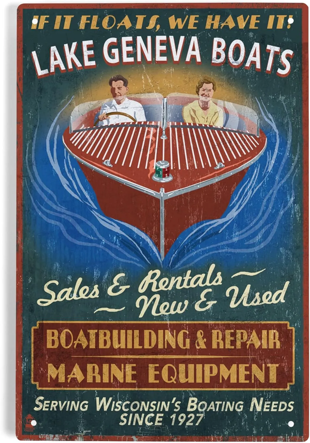 Lantern Press 6x9 Inch Metal Sign, Lake Geneva, Wisconsin, Boat Shop Vintage Sign