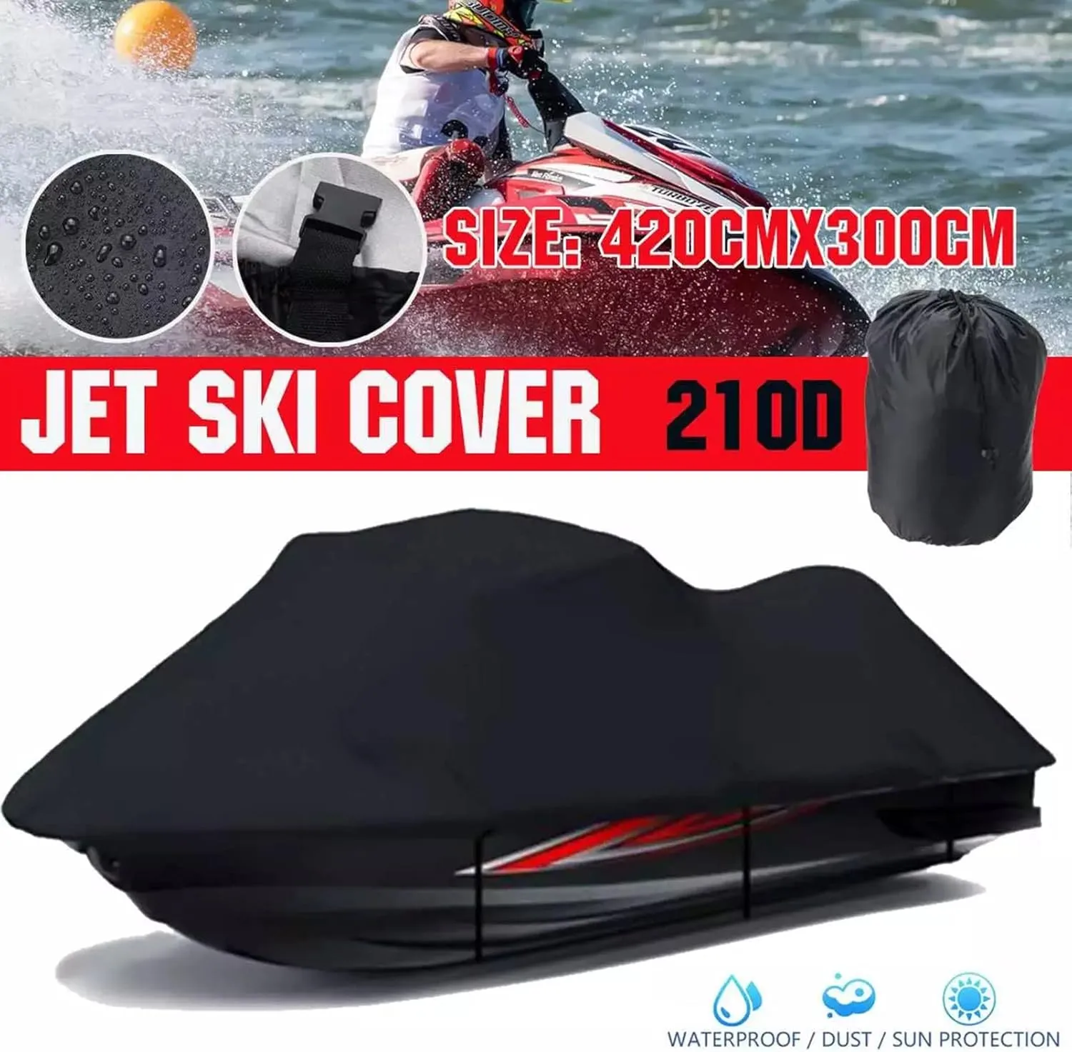 LDIW Trailerable PWC Cover Jet Ski Cover, Waterproof Marine Grade 210D Polyester Oxford UV Proof Personal Watercraft Covers for 2-3 Person Jet ski, 420x300cm,Black
