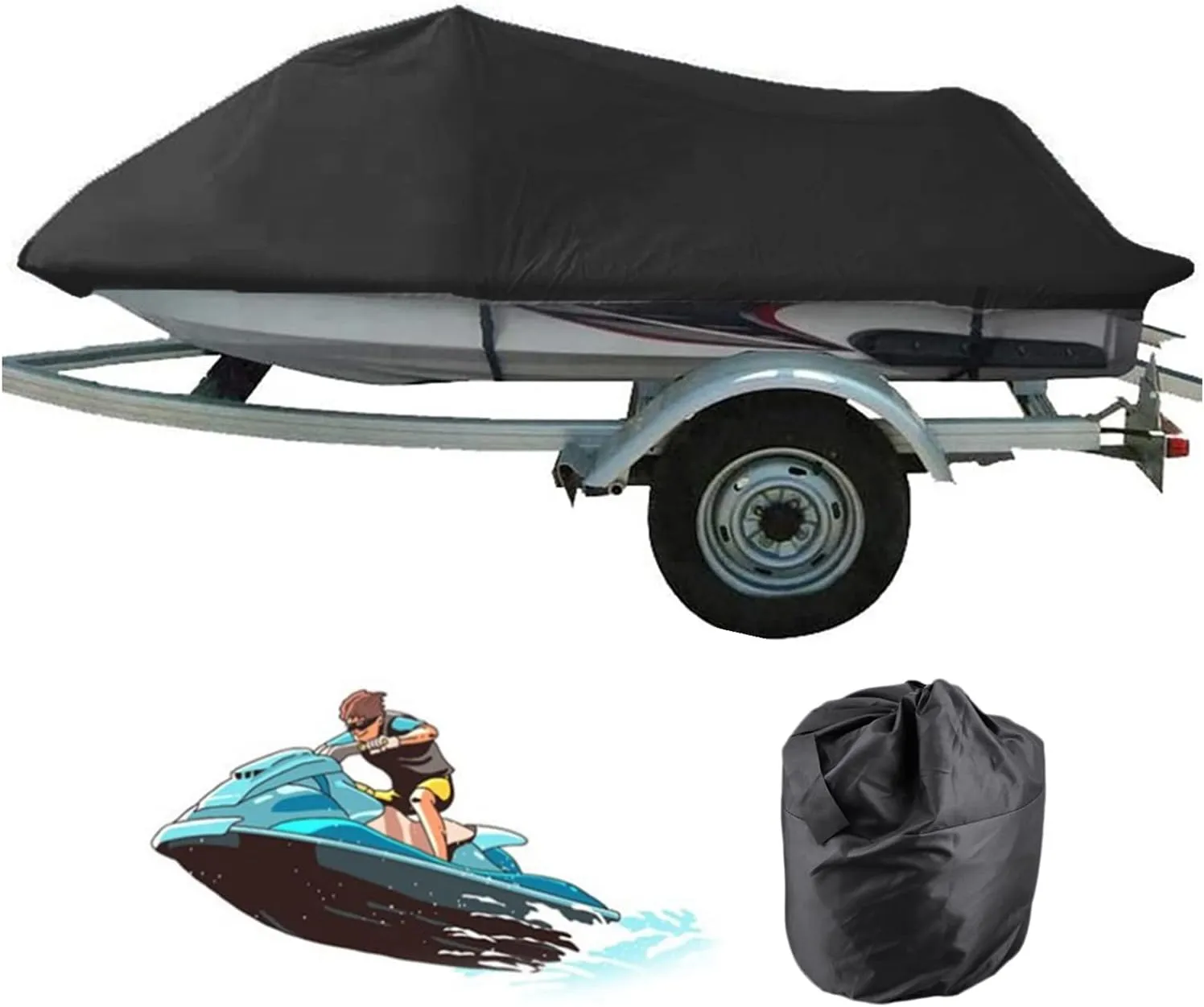 LDIW Trailerable PWC Cover Jet Ski Cover, Waterproof Marine Grade 210D Polyester Oxford UV Proof Personal Watercraft Covers for 2-3 Person Jet ski, 420x300cm,Black