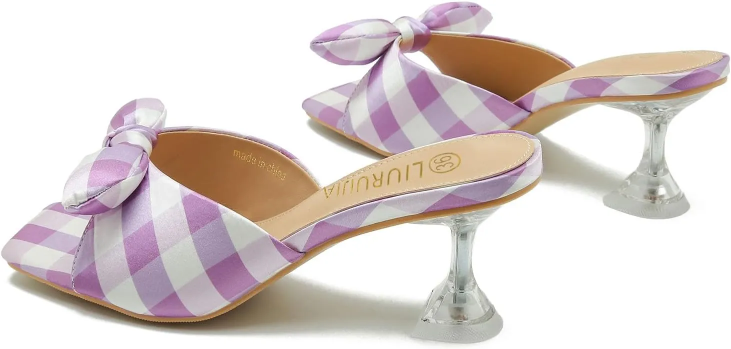 LIURUIJIA Bow Tie kitten heel sandals for women Mule Sandals Slingback Square Open Toe Low Wedding Heels Backless Slip On Slide Summer Cute Wedding Bridal Sandals Shoes