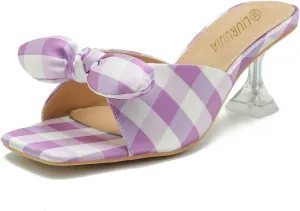 LIURUIJIA Bow Tie kitten heel sandals for women Mule Sandals Slingback Square Open Toe Low Wedding Heels Backless Slip On Slide Summer Cute Wedding Bridal Sandals Shoes