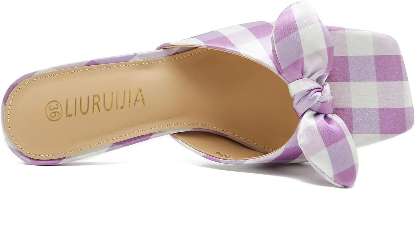 LIURUIJIA Bow Tie kitten heel sandals for women Mule Sandals Slingback Square Open Toe Low Wedding Heels Backless Slip On Slide Summer Cute Wedding Bridal Sandals Shoes