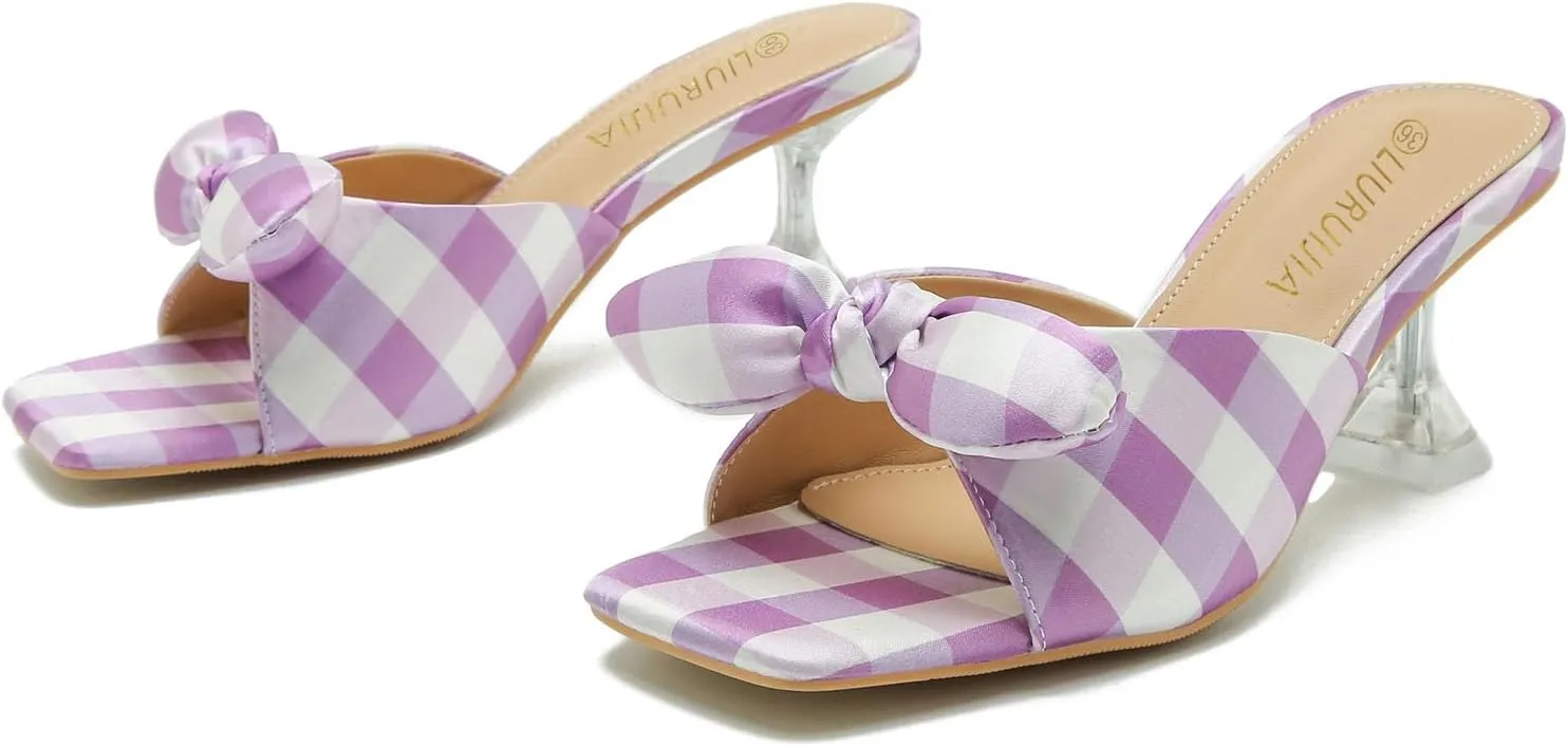 LIURUIJIA Bow Tie kitten heel sandals for women Mule Sandals Slingback Square Open Toe Low Wedding Heels Backless Slip On Slide Summer Cute Wedding Bridal Sandals Shoes