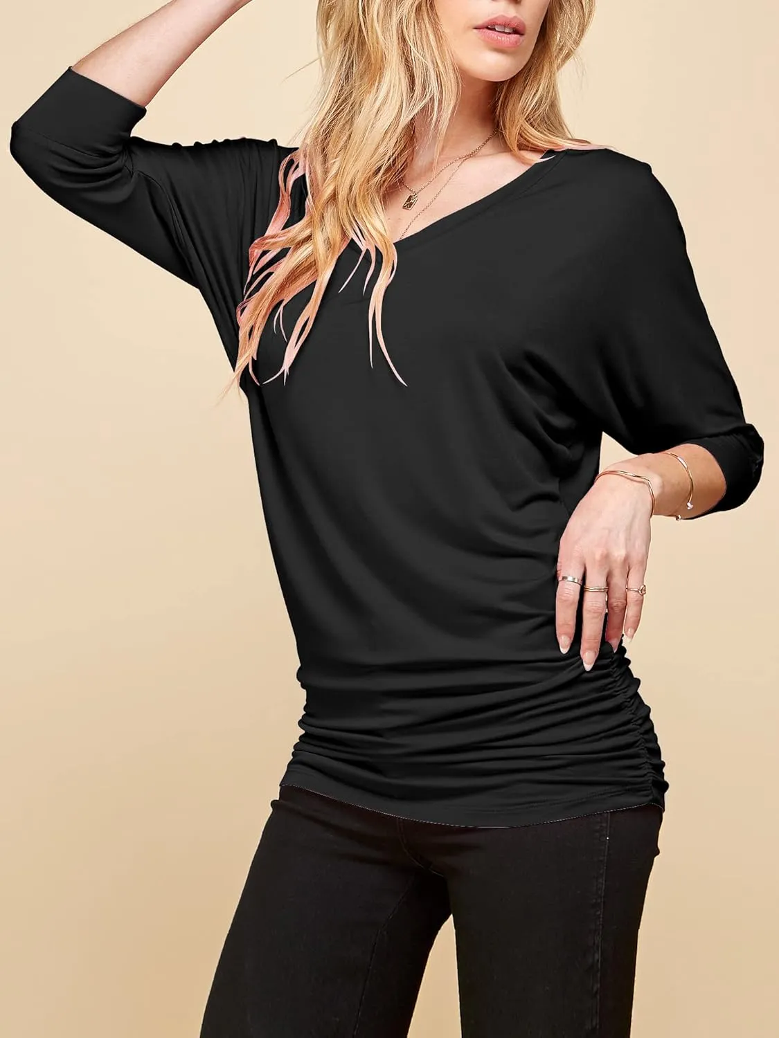 Made By Johnny Women's Casual Boat Neck and V-Neck 3/4 Sleeve Draped Dolman Top with Side Shirring Premium Shirt