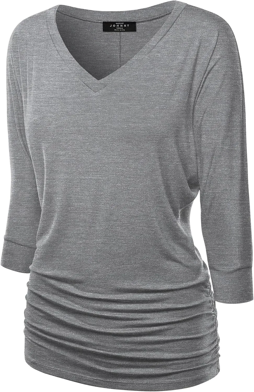 Made By Johnny Women's Casual Boat Neck and V-Neck 3/4 Sleeve Draped Dolman Top with Side Shirring Premium Shirt