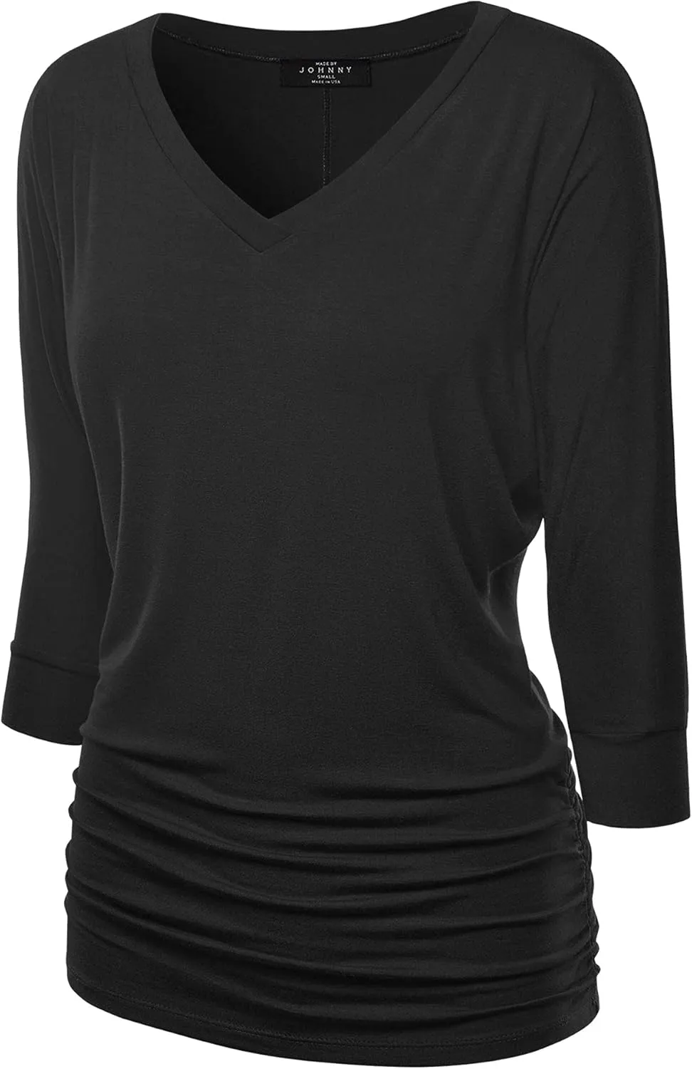 Made By Johnny Women's Casual Boat Neck and V-Neck 3/4 Sleeve Draped Dolman Top with Side Shirring Premium Shirt