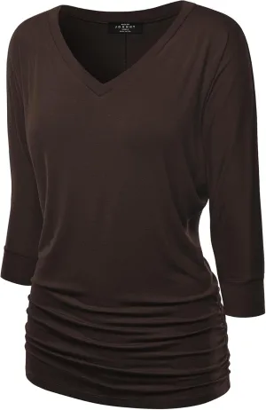 Made By Johnny Women's Casual Boat Neck and V-Neck 3/4 Sleeve Draped Dolman Top with Side Shirring Premium Shirt