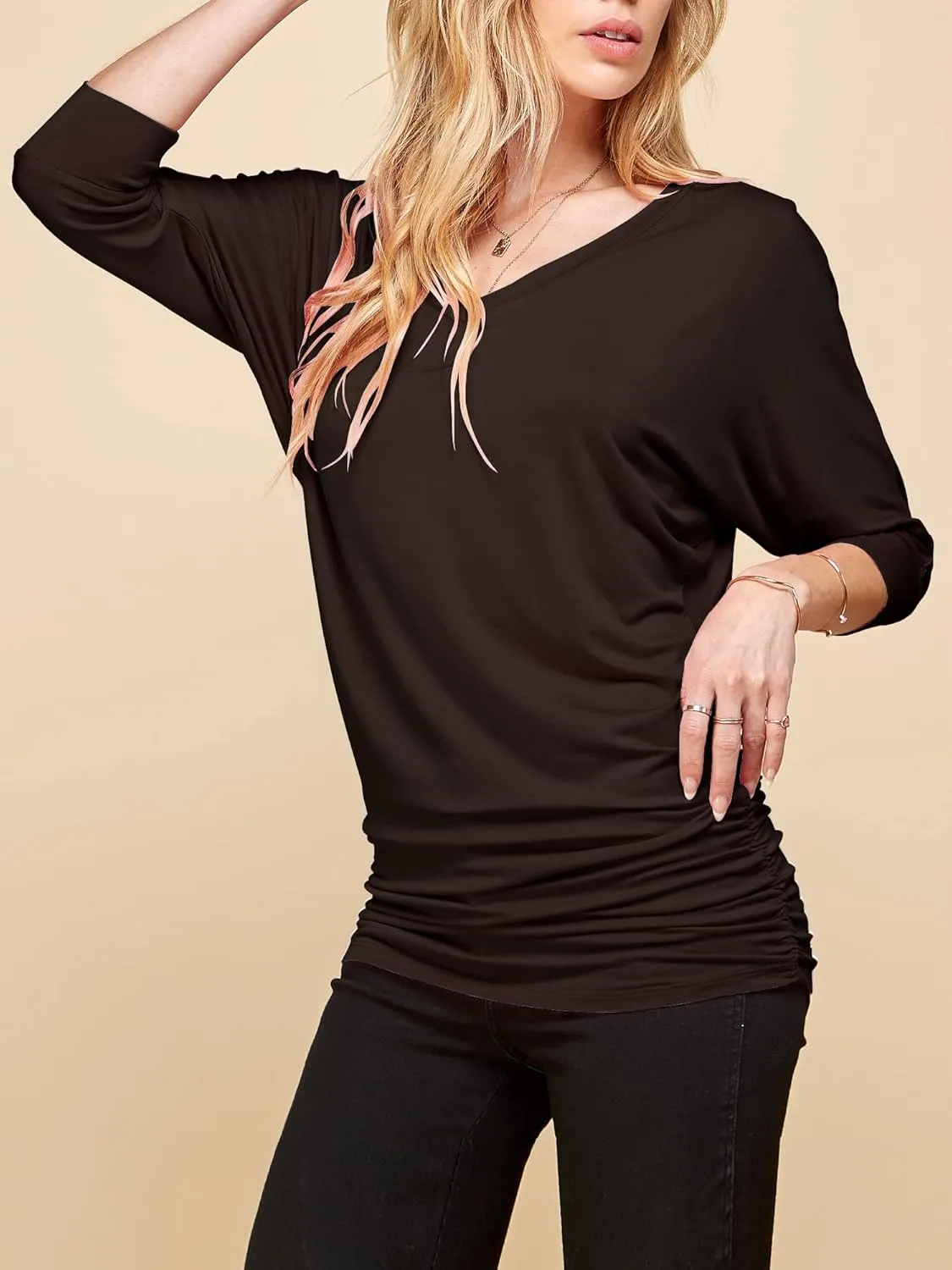 Made By Johnny Women's Casual Boat Neck and V-Neck 3/4 Sleeve Draped Dolman Top with Side Shirring Premium Shirt