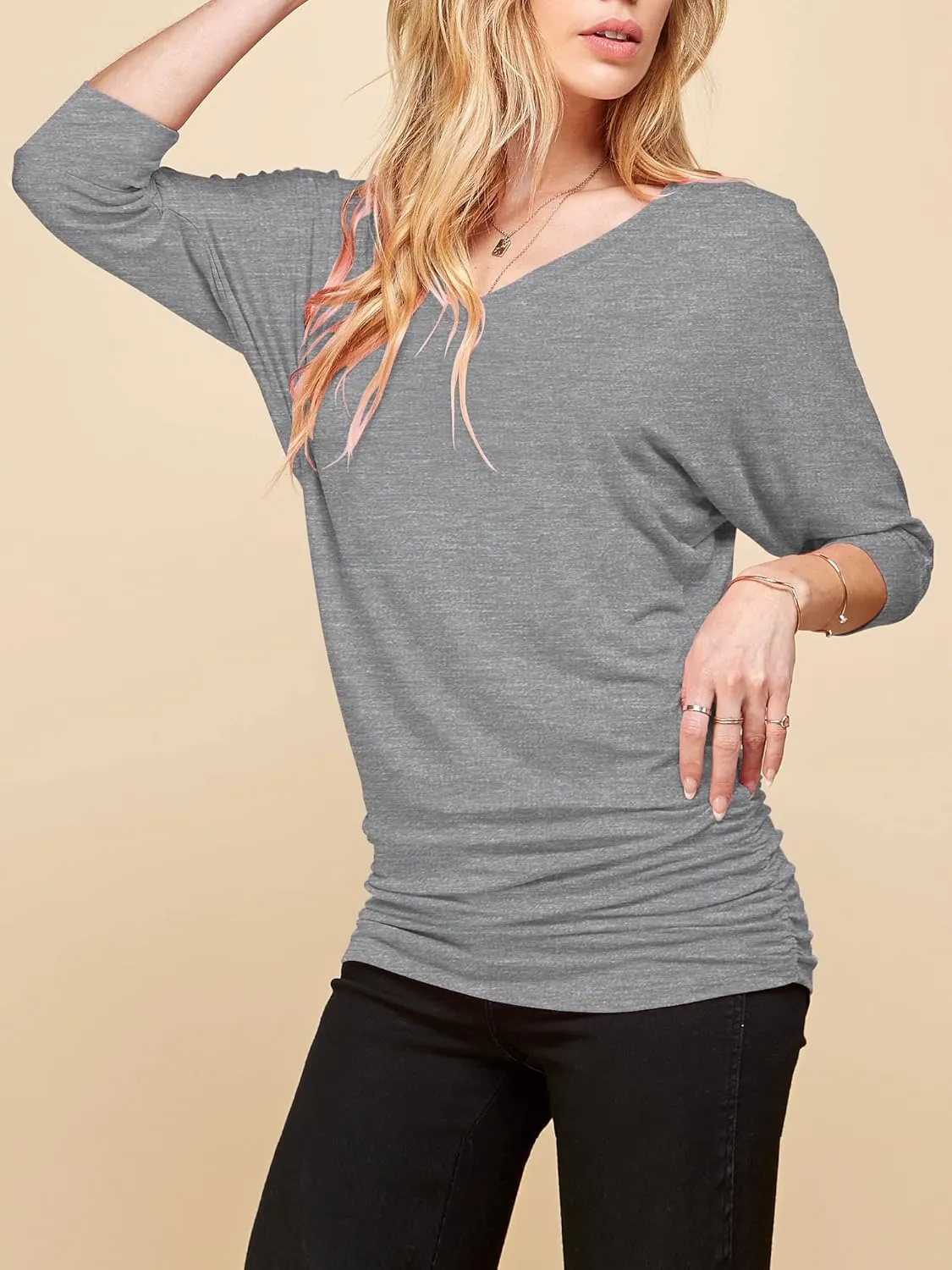 Made By Johnny Women's Casual Boat Neck and V-Neck 3/4 Sleeve Draped Dolman Top with Side Shirring Premium Shirt