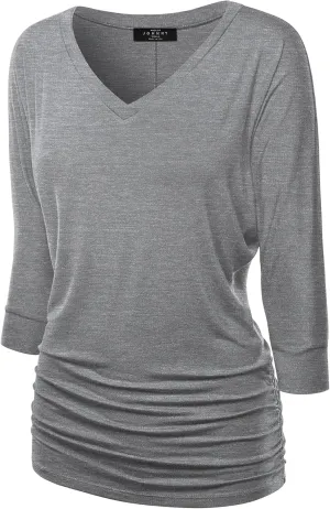 Made By Johnny Women's Casual Boat Neck and V-Neck 3/4 Sleeve Draped Dolman Top with Side Shirring Premium Shirt