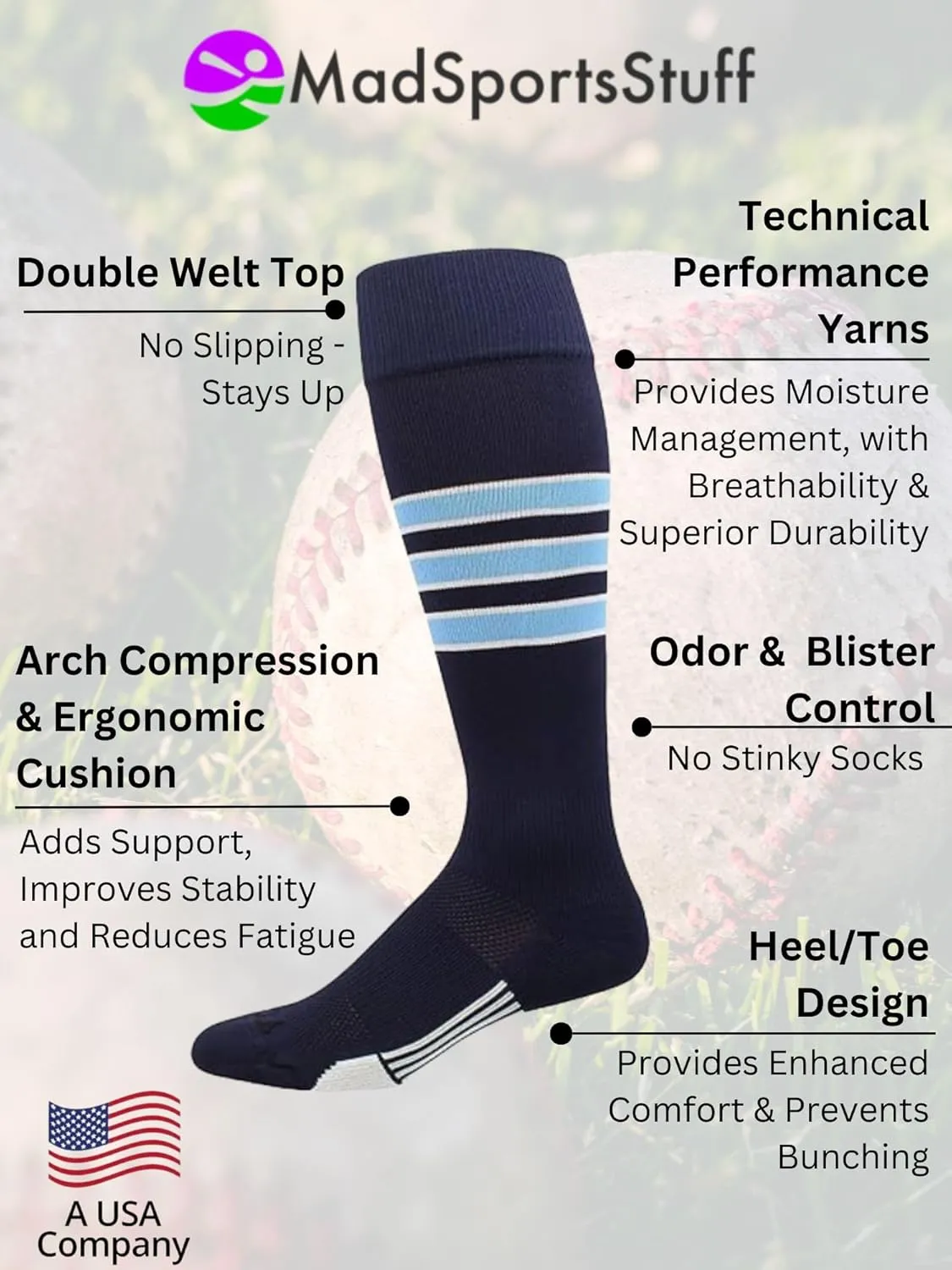 MadSportsStuff Dugout Baseball Socks and Softball Socks with Stripes for Boys, Girls, Men and Women Long Over the Calf