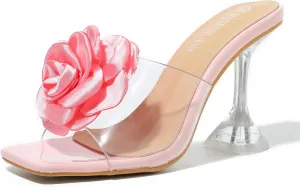 MAIERNISI JESSI Women Flowers High Heels Mules Sandals Square Toe Slip on Dress Bridal Wedding Sandals