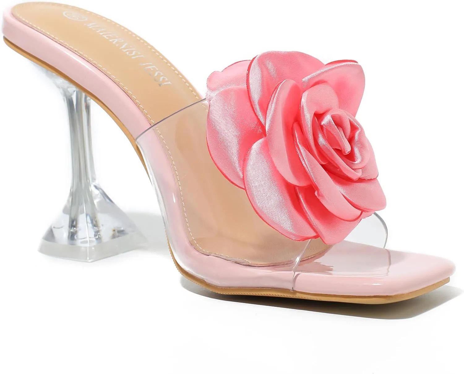 MAIERNISI JESSI Women Flowers High Heels Mules Sandals Square Toe Slip on Dress Bridal Wedding Sandals