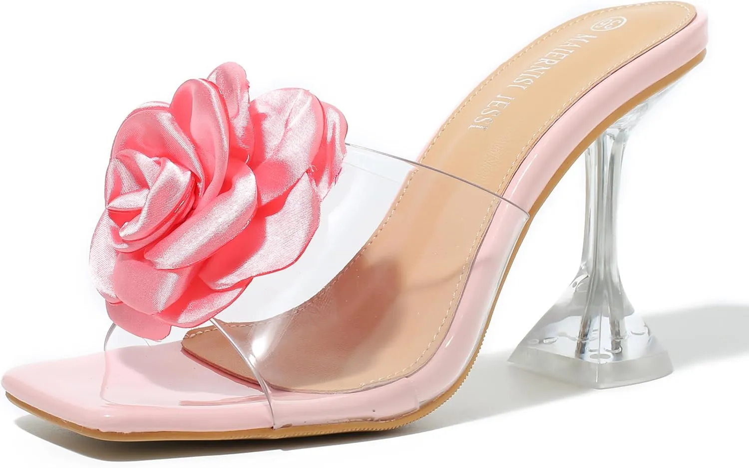 MAIERNISI JESSI Women Flowers High Heels Mules Sandals Square Toe Slip on Dress Bridal Wedding Sandals