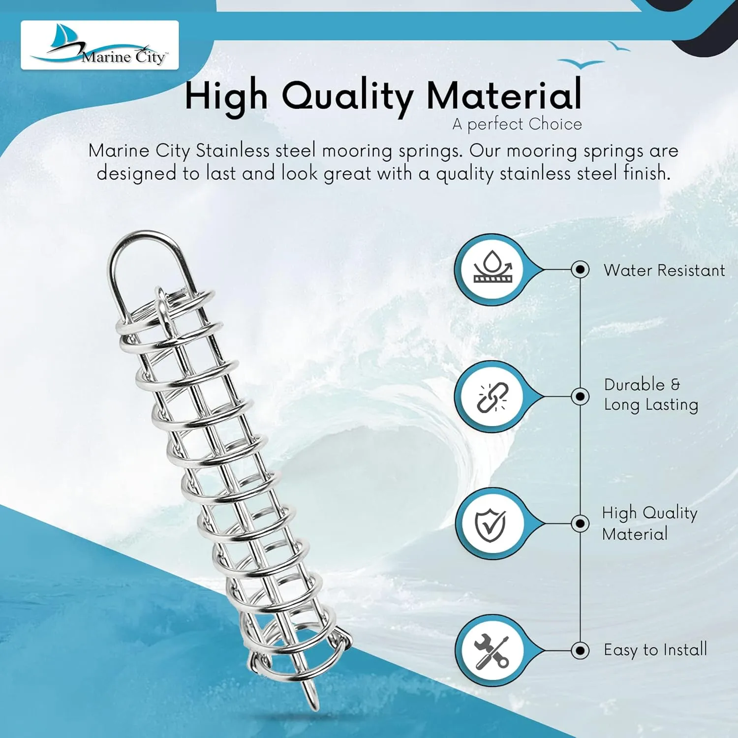 MARINE CITY Boat Anchor Dock Line Mooring Spring, 304 Grade Stainless Steel, Shock Absorbing, Perfect for Boats, Yachts, Marines, Ships, Kayaks