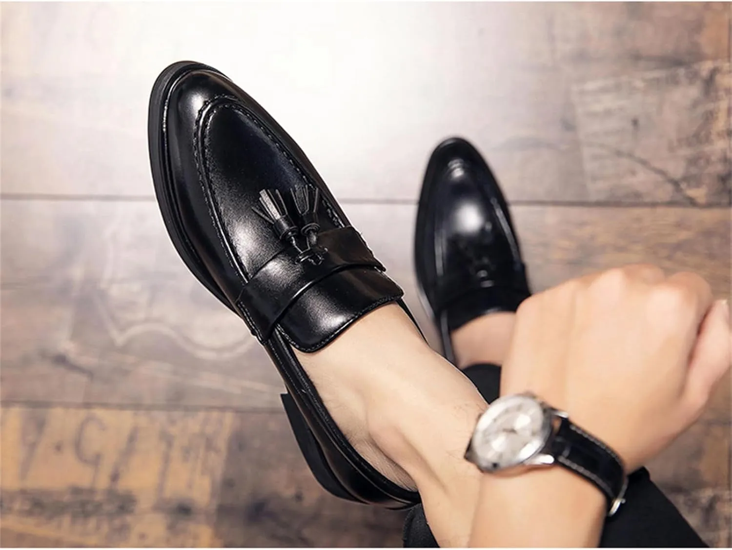 Men's Leather Tassels Slip-On Loafers Classic Penny Flats Smoking Loafers for Business Casual Dress Prom Party