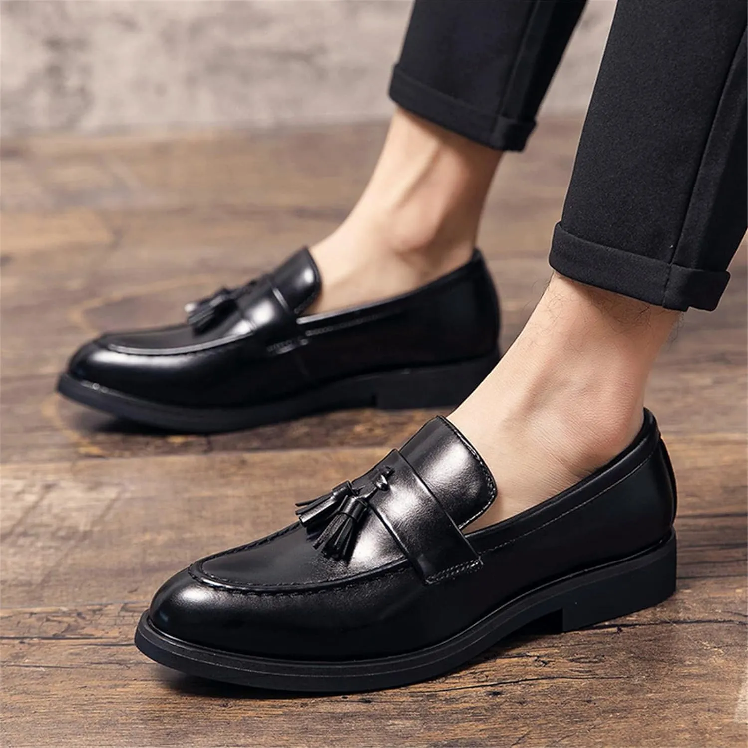 Men's Leather Tassels Slip-On Loafers Classic Penny Flats Smoking Loafers for Business Casual Dress Prom Party