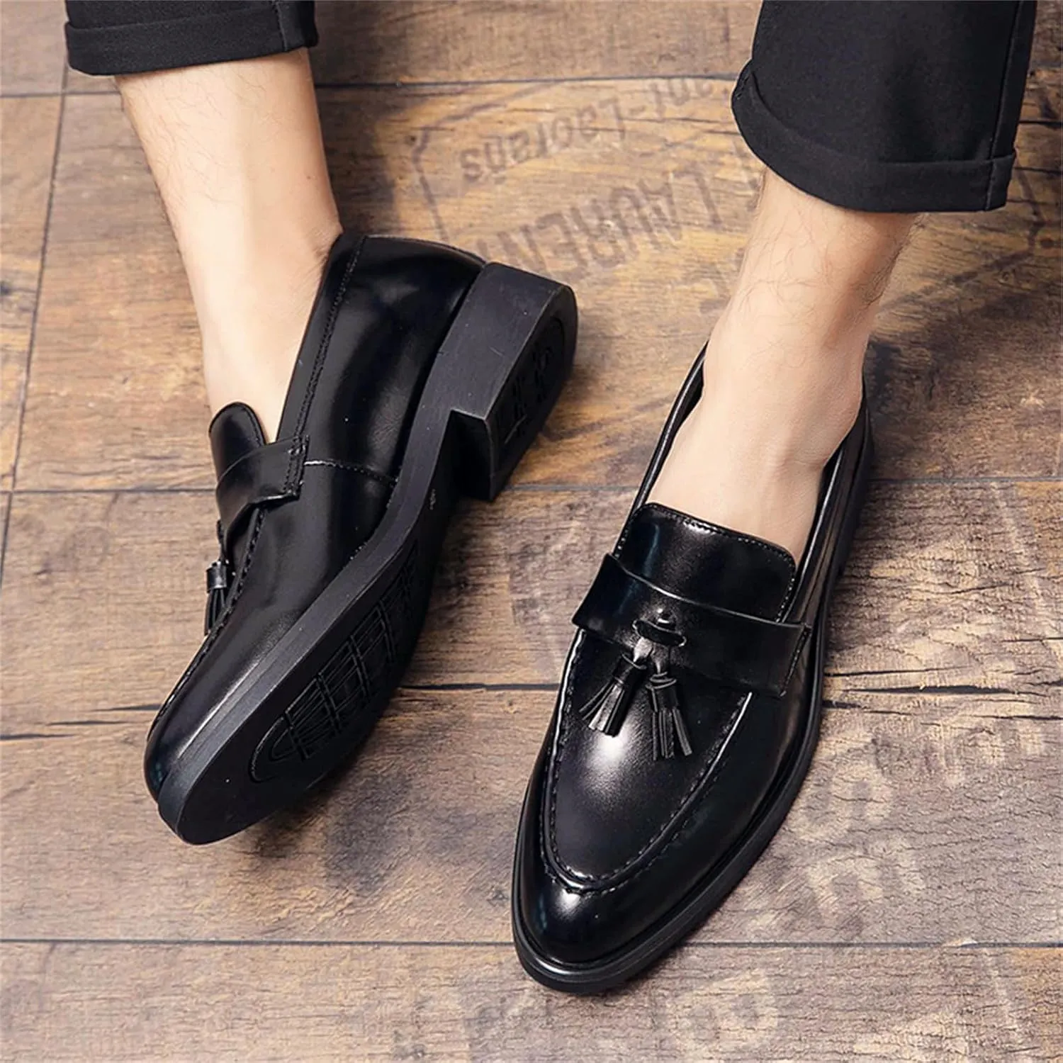 Men's Leather Tassels Slip-On Loafers Classic Penny Flats Smoking Loafers for Business Casual Dress Prom Party