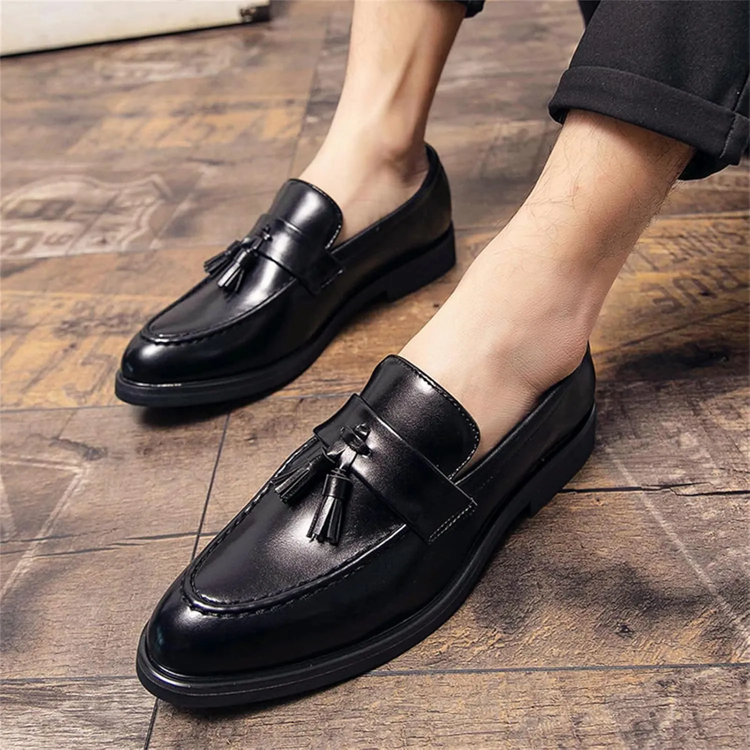 Men's Leather Tassels Slip-On Loafers Classic Penny Flats Smoking Loafers for Business Casual Dress Prom Party