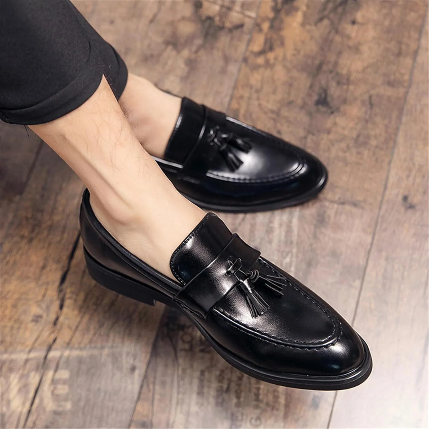 Men's Leather Tassels Slip-On Loafers Classic Penny Flats Smoking Loafers for Business Casual Dress Prom Party