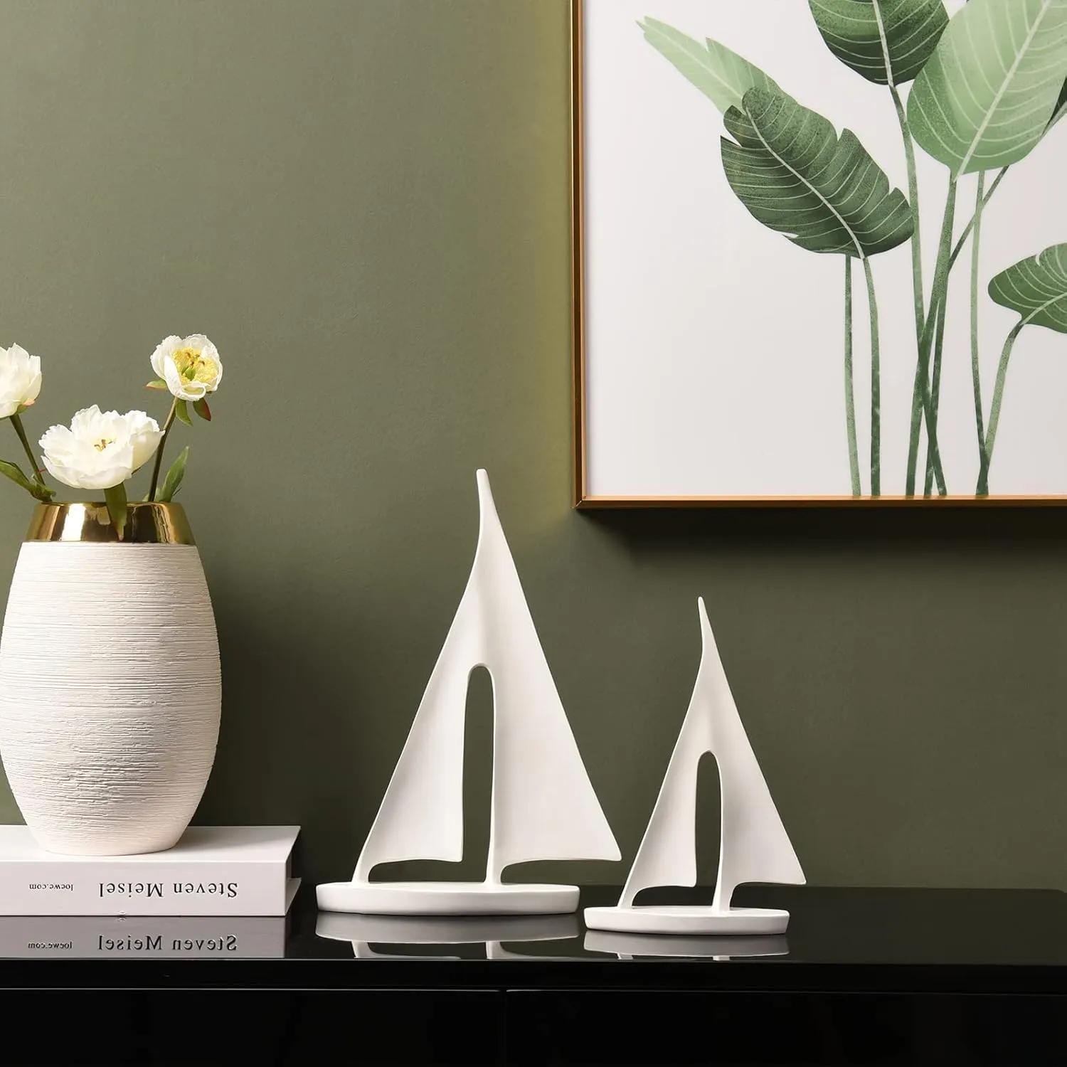 Modern Sculptures Home Decor, Sailboat Decor Ornament, Boat Decorations Statue Decor, Art Sculptures and Statues, Sailboat Gifts Home Office Bathroom Shelf Decor (White-2 Pack)