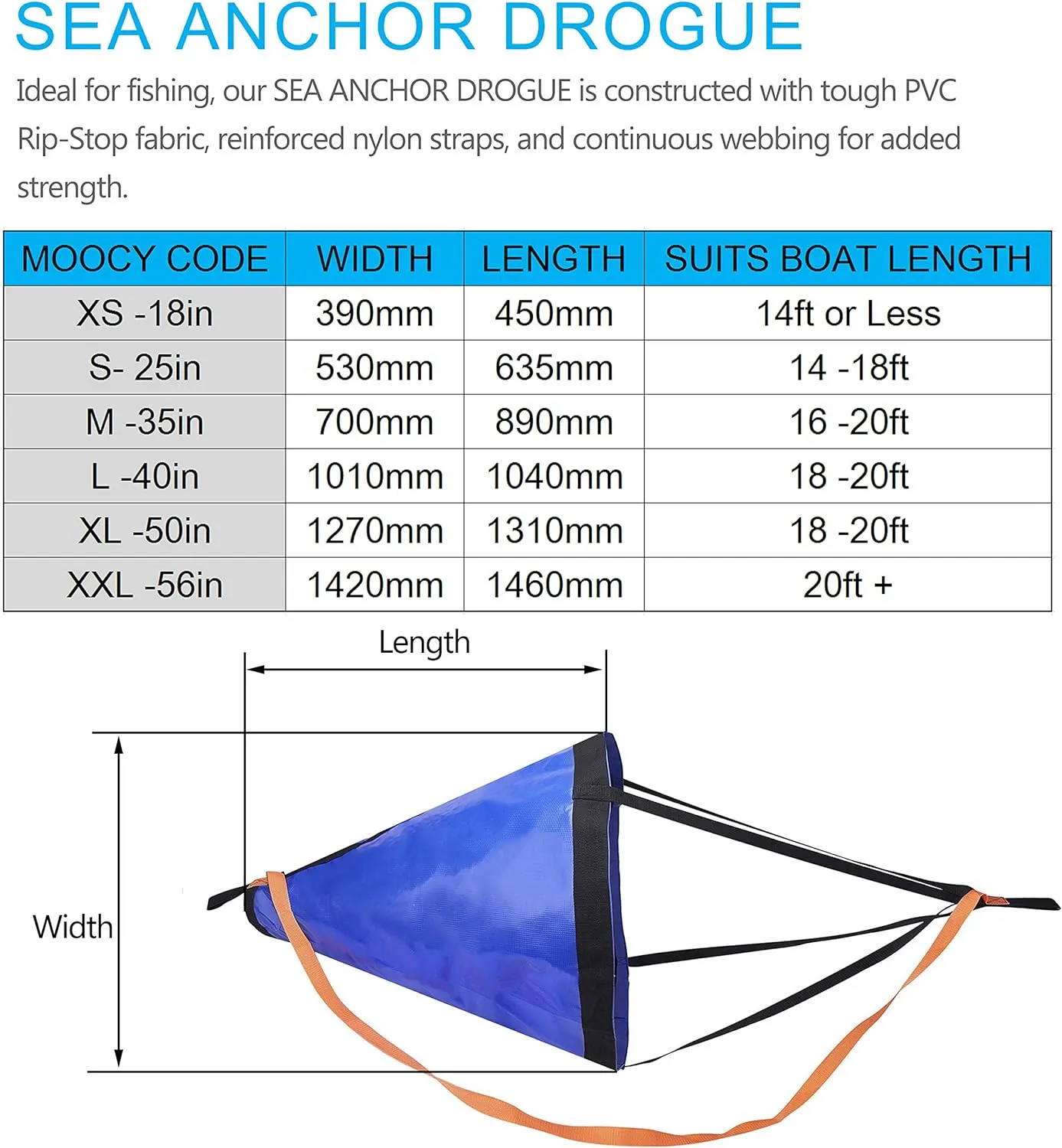 MOOCY Drift Sock with Harness Buoy,Ocean Anglers Fishing Drogue Sea Anchor for Boat/Kayak/Pontoon