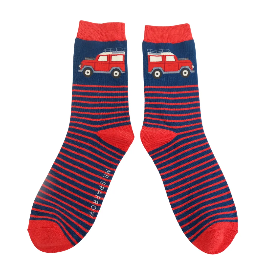 Mr Sparrow Jeep & Stripes Navy Bamboo Socks