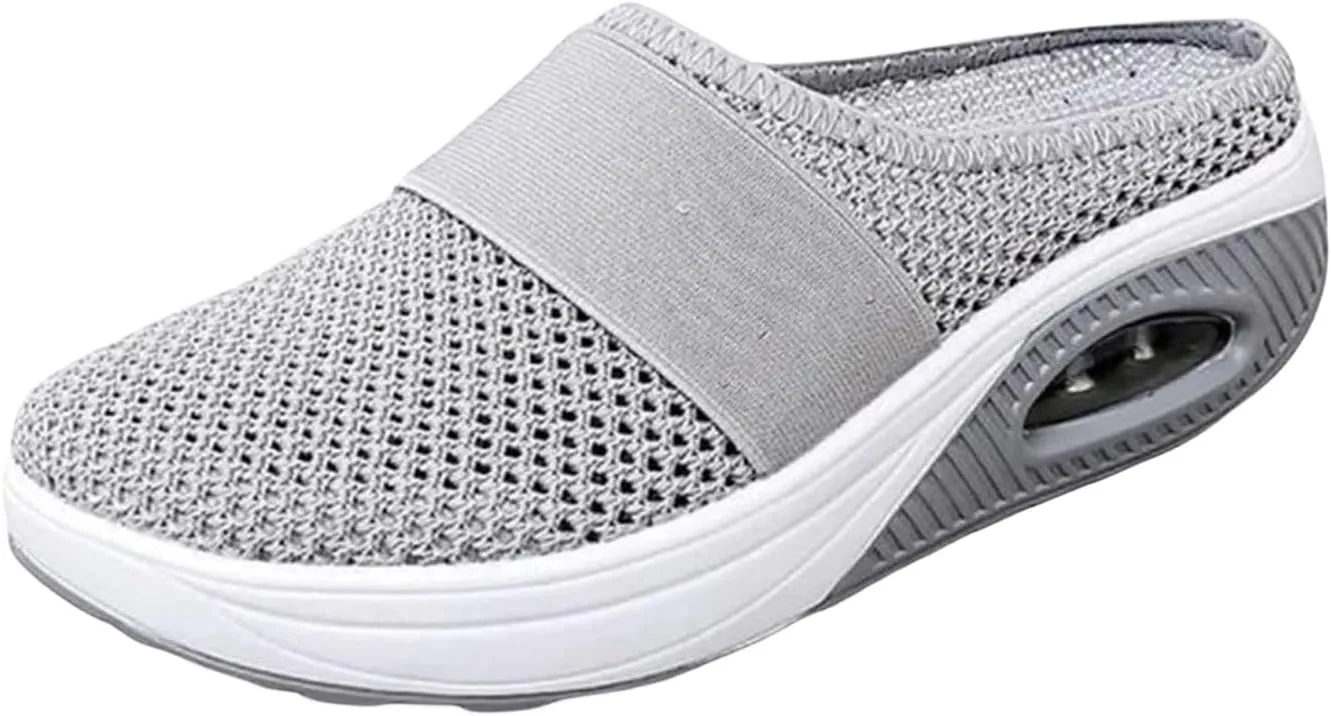 Mules for Women 2025 Backless Walking Sneakers Summer Slip-On Mule Shoes Mesh Air Cushion Orthopedic Diabetic Shoes with Arch-Support Open Back Slip On Shoes Breathable Slippers Closed Toe Slides