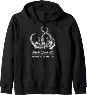 Myrtle Beach, SC Nautical Coordinates Boat Octopus Zip Hoodie