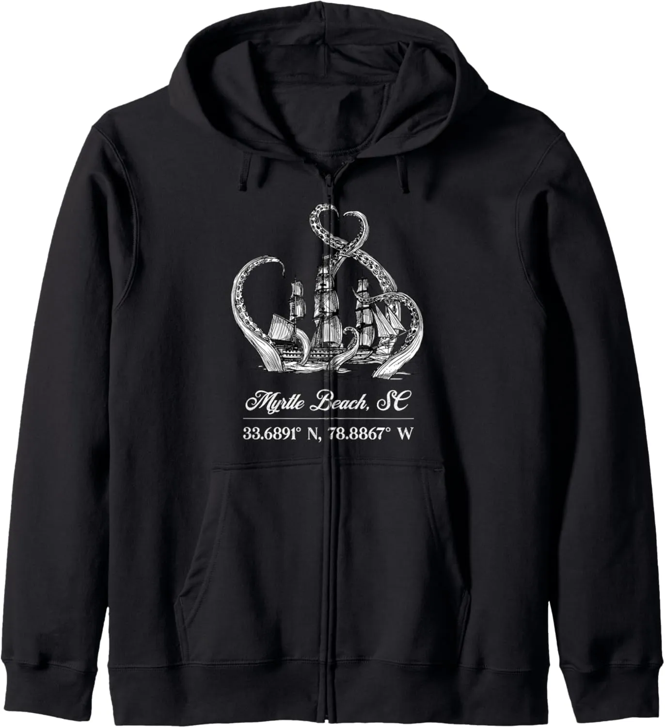 Myrtle Beach, SC Nautical Coordinates Boat Octopus Zip Hoodie