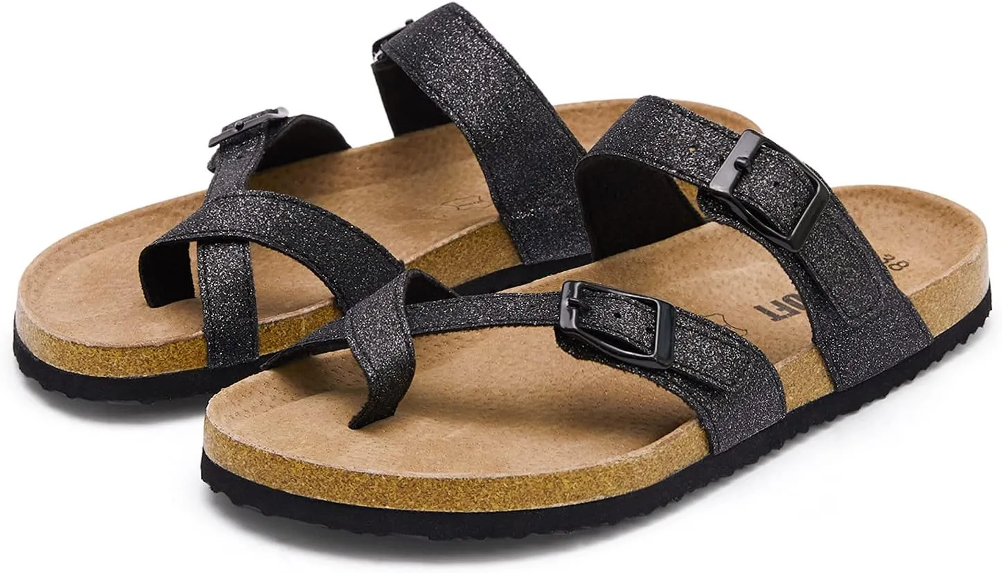 mysoft Women's Cork Footbed Sandals Double Adjustable Buckle Slide Sandals Slip On Walking Summer Shoes