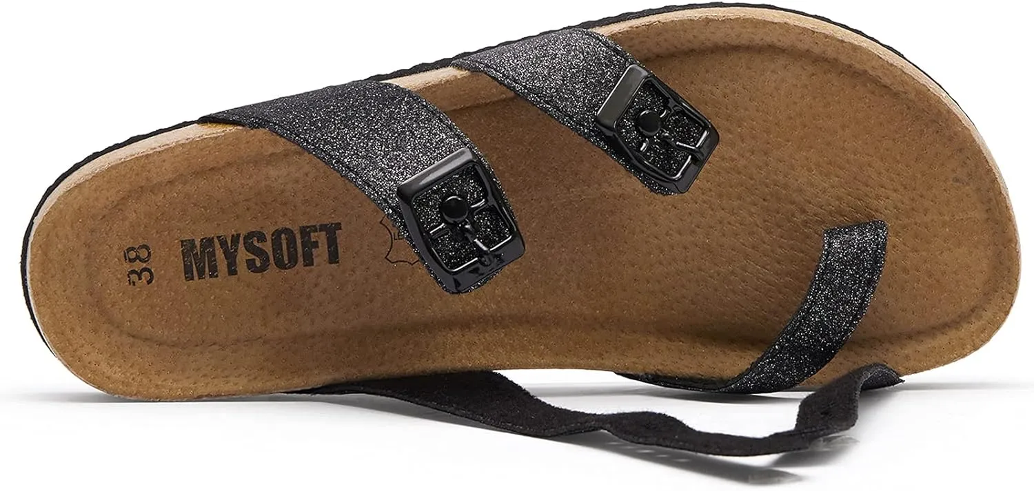 mysoft Women's Cork Footbed Sandals Double Adjustable Buckle Slide Sandals Slip On Walking Summer Shoes
